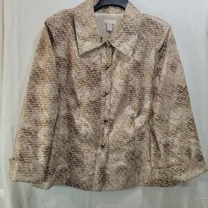 Chicos‎ Jacket Women Sz 3 XL/16 Lightweight Metallic Pebbled Jacquard Beige Gold